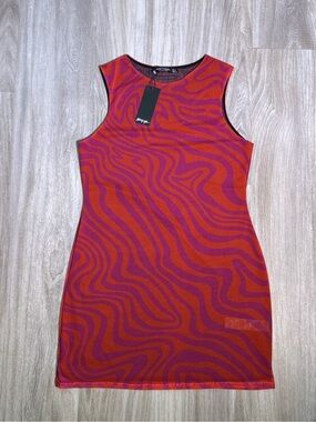 Nasty Gal pink & orange Wave-Print Sleeveless sheer double lined mesh dress